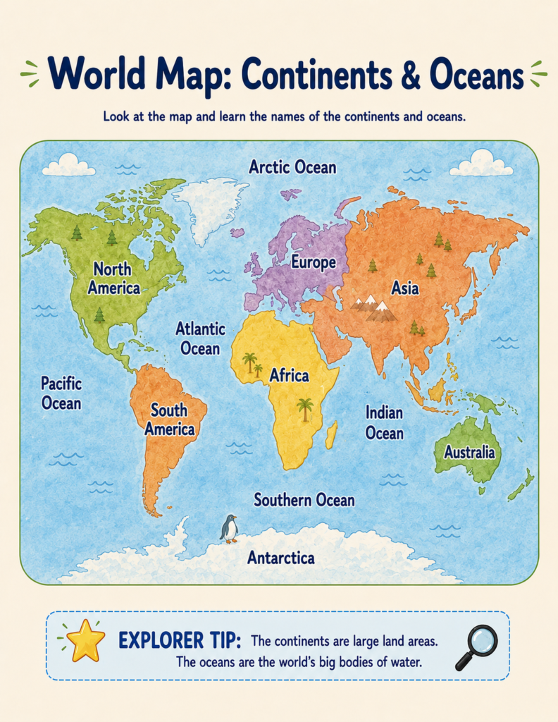 Printable continents and oceans activity page helping children identify the world's continents and oceans through hands-on geography learning