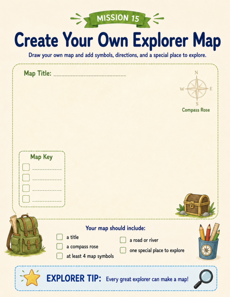 Final geography challenge where children apply map-reading, compass, and coordinate skills learned throughout the workbook