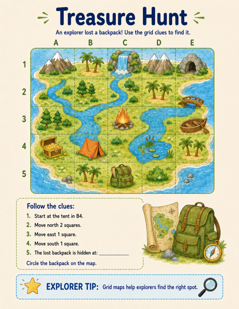 Coordinate grid activity teaching kids how to find map locations using simple latitude-style coordinates and map grids