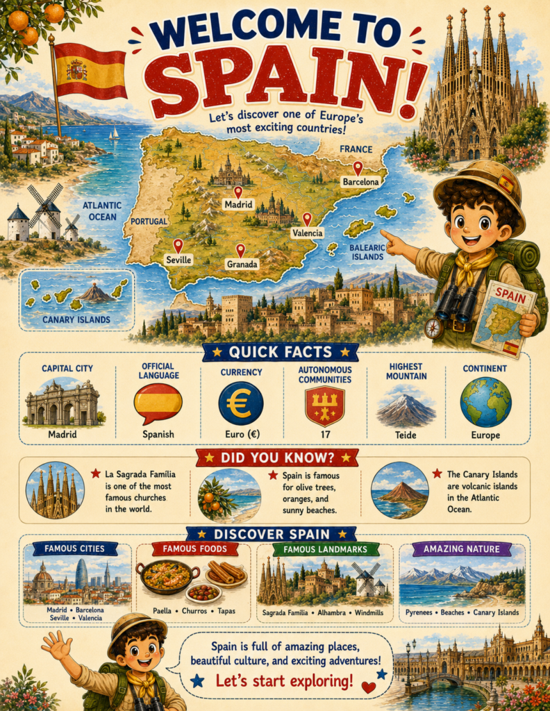 Spain geography for kids activity book featuring Leo the Explorer and an interactive map of Spain with quick facts