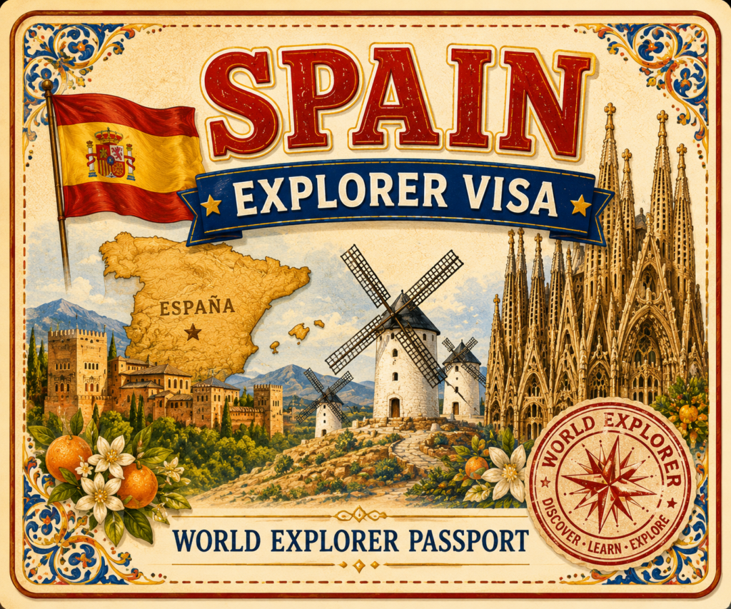 Spain geography for kids printable certificate of achievement and cutout visa stamp for the World Explorer Passport