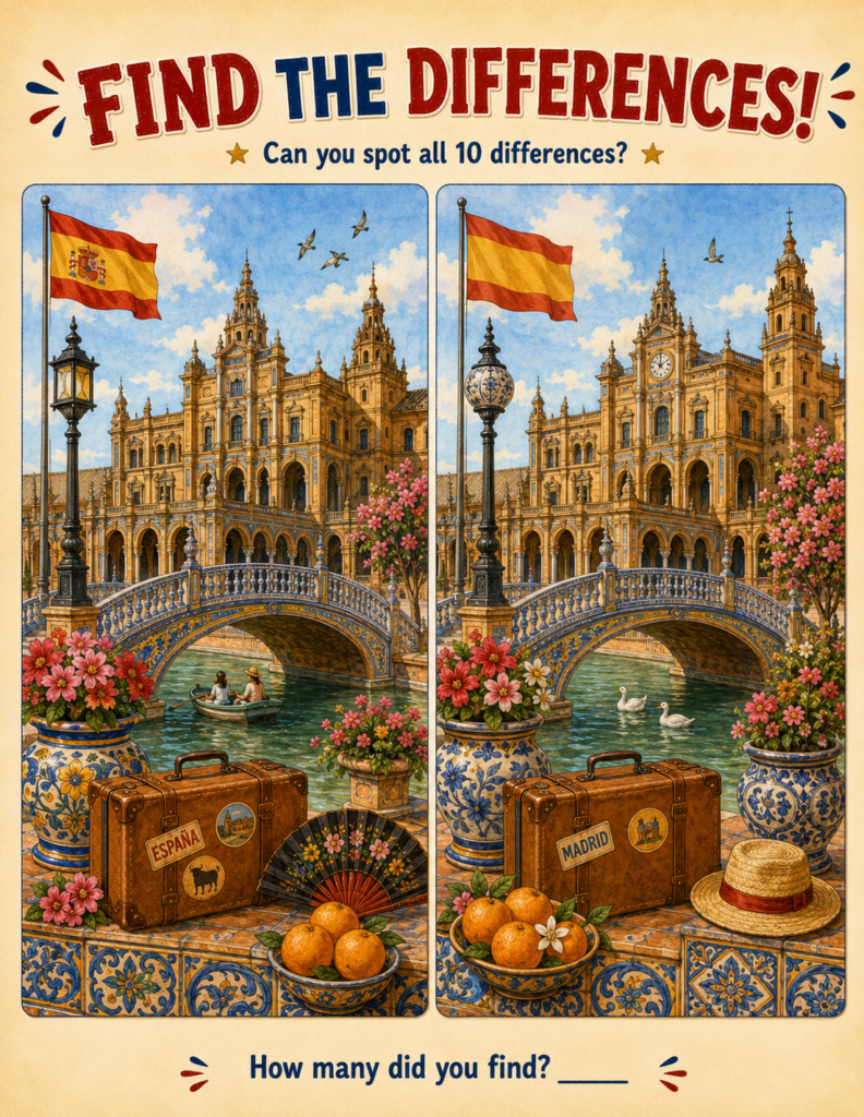 Fun spain geography for kids spot the difference puzzle featuring Plaza de Espana in Seville for homeschool activities
