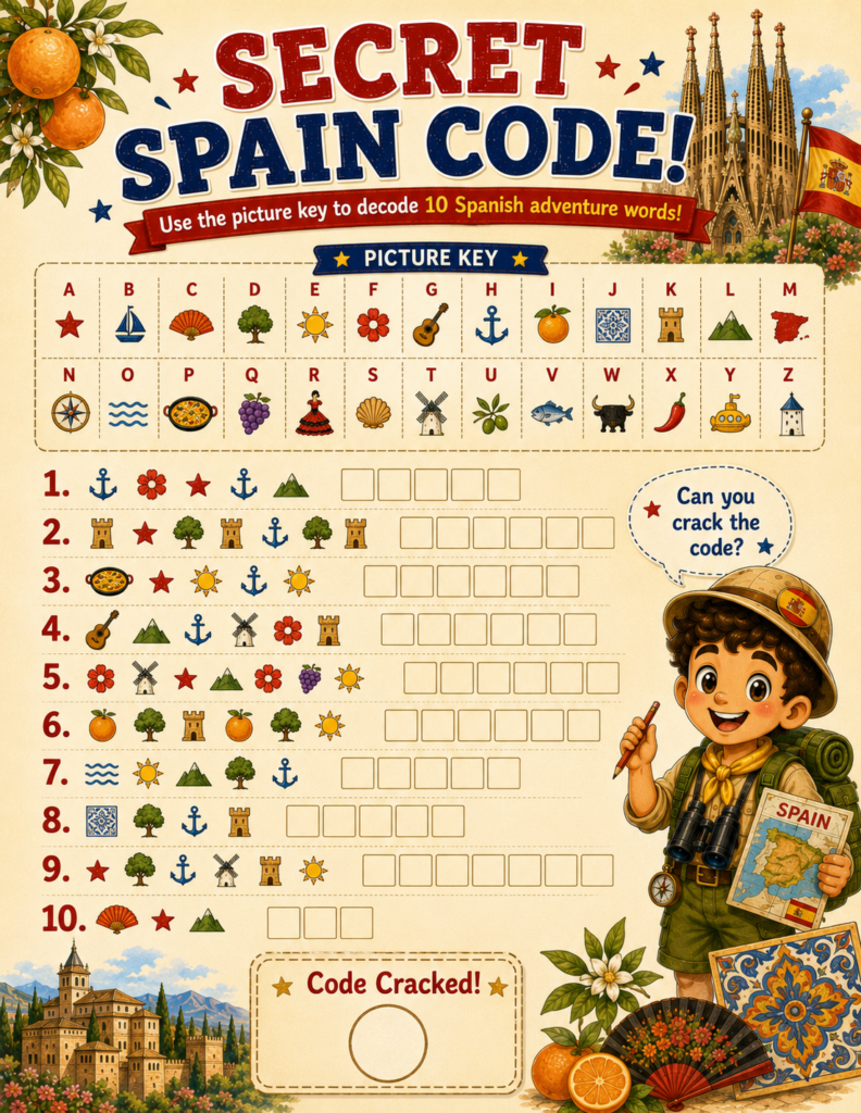 Interactive spain geography for kids worksheets teaching regional Spanish languages and a fun secret symbol code puzzle