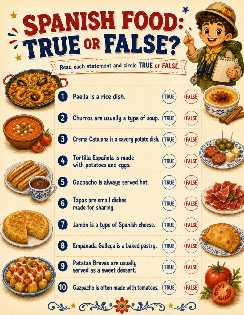 Spanish culture for kids activity pages featuring traditional food like paella and churros with a true or false quiz