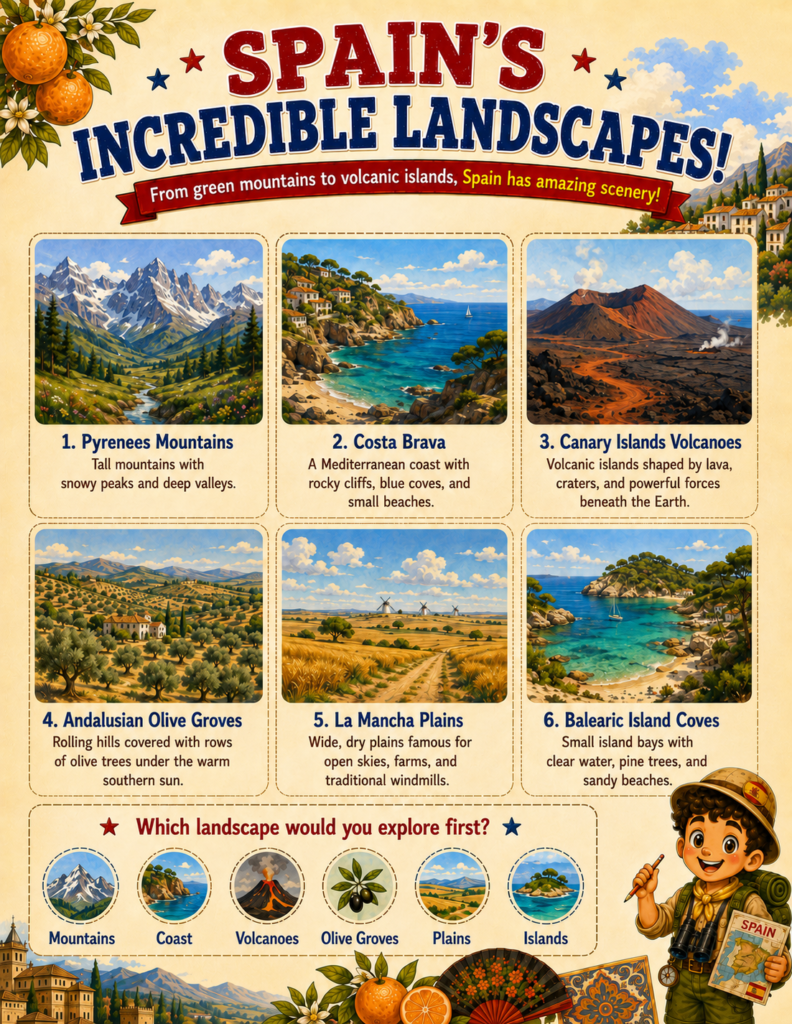 Spain geography for kids printables showcasing unique Iberian animals and volcanic national parks like Mount Teide