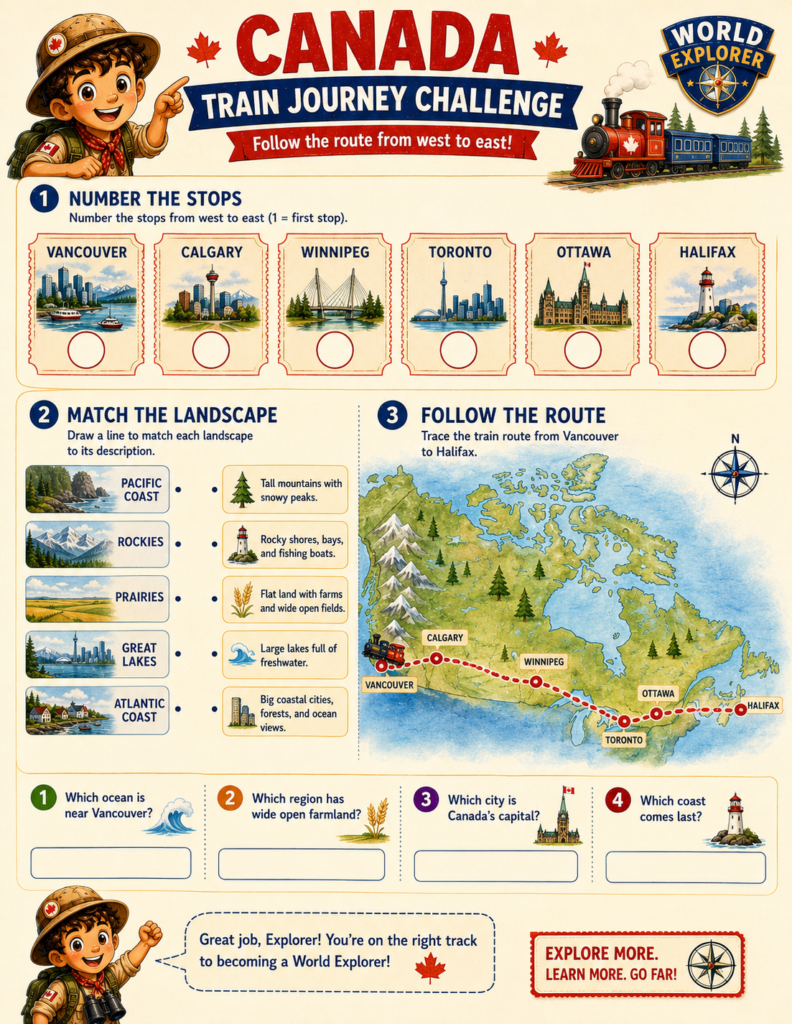 across canada by train printable geography activity for elementary kids