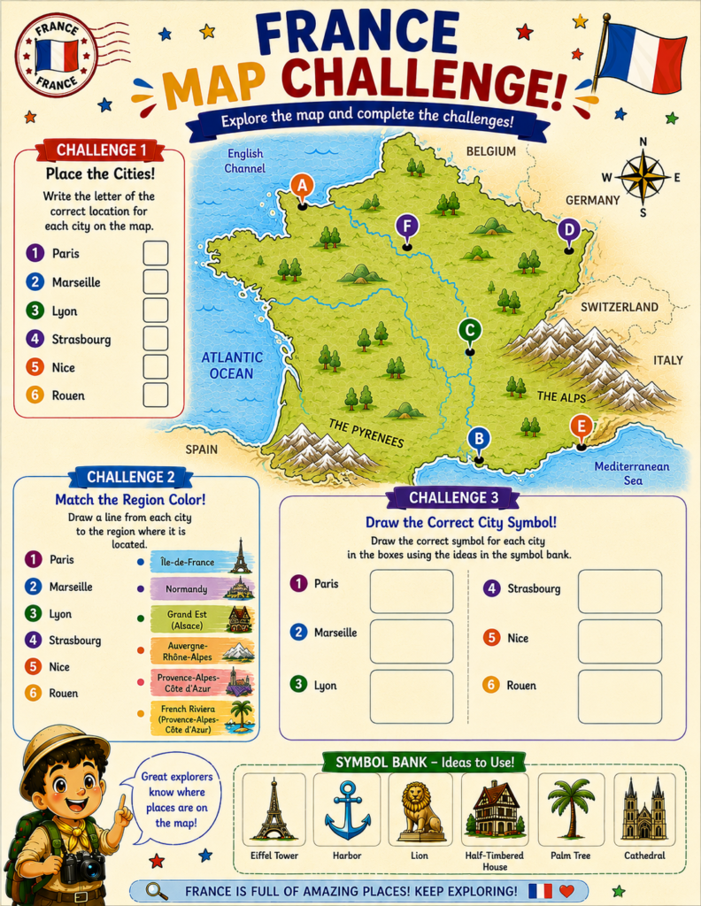 France map challenge geography worksheet for kids