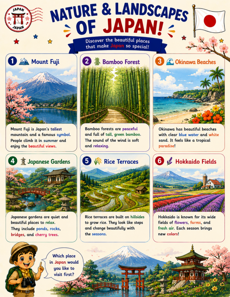Japan geography workbook pages with maps and landscapes