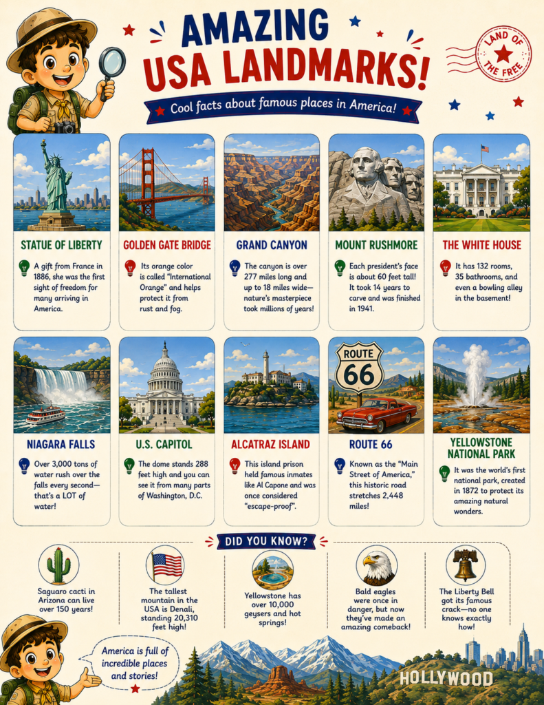 USA geography worksheets with maps and famous landmarks