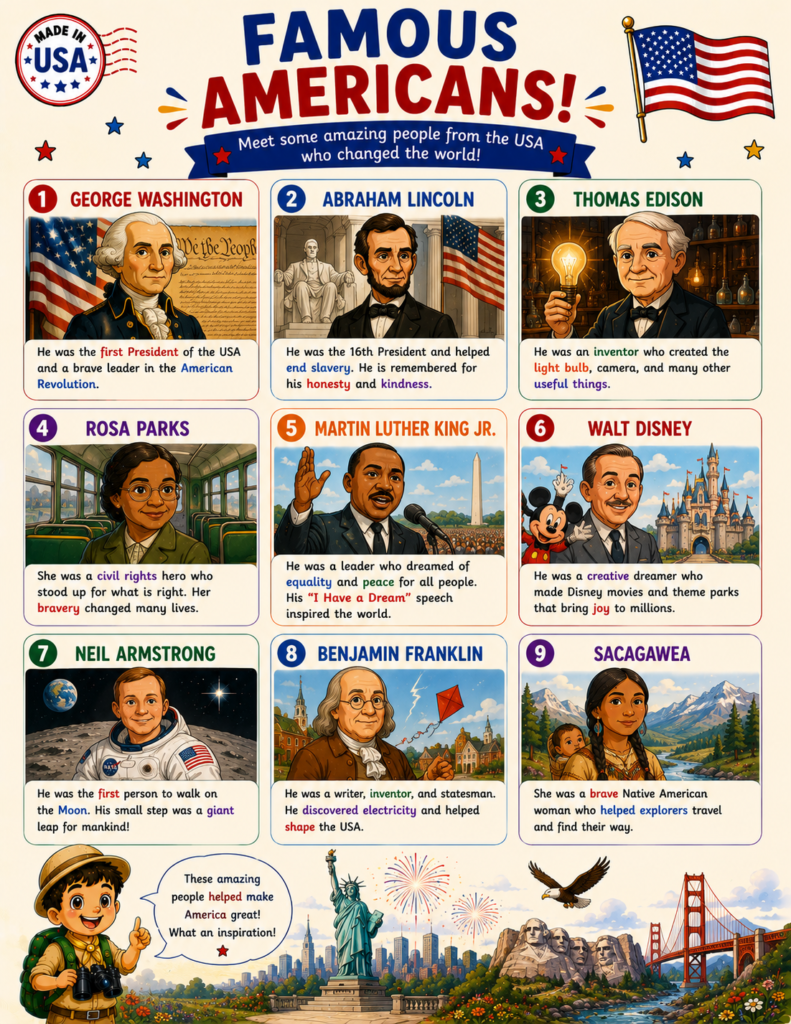 USA Explorer printable geography activities featuring American cities, famous people and food facts
