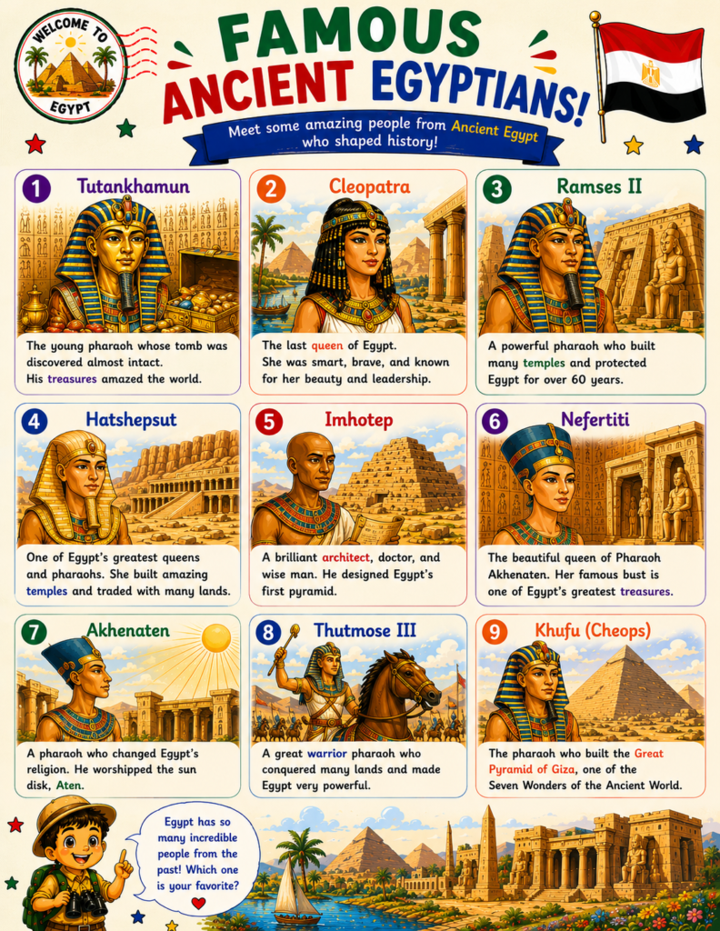Famous Ancient Egyptians printable page introducing Tutankhamun, Cleopatra, Ramesses II, Nefertiti, Hatshepsut, and other historical figures for kids.