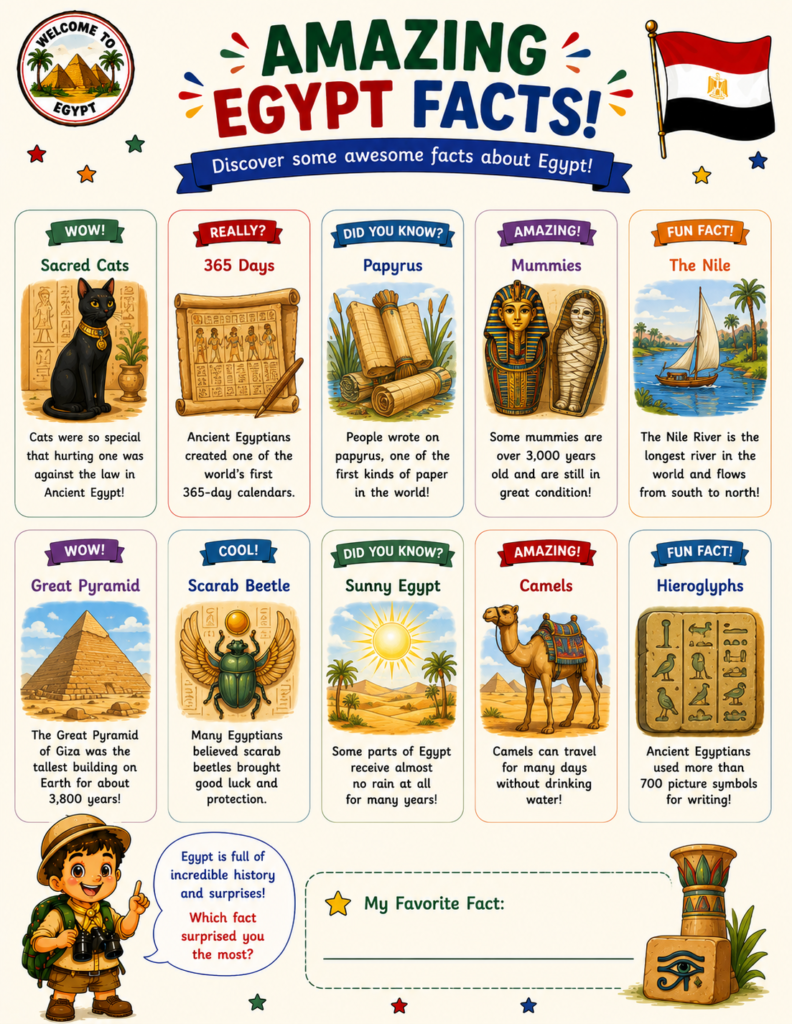 Printable Egypt facts page for kids featuring the Nile River, pyramids, hieroglyphs, mummies, camels, scarabs, and other fascinating Ancient Egypt facts.