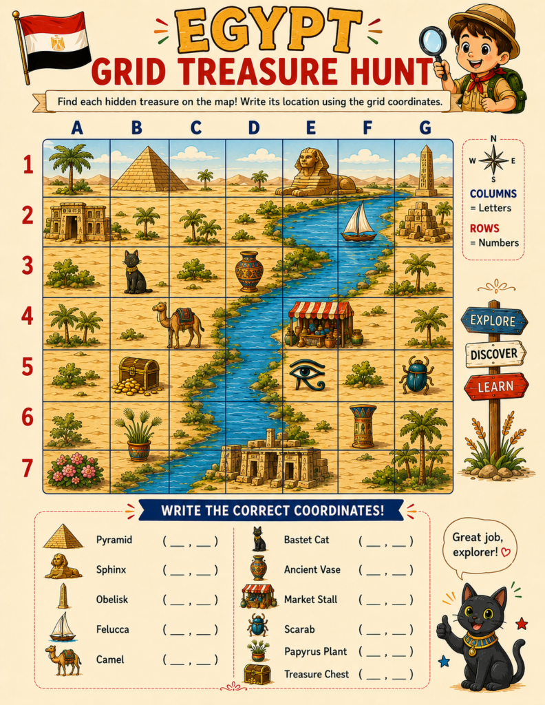 Egypt Grid Treasure Hunt printable geography activity helping kids practice map coordinates while exploring famous Egyptian landmarks.