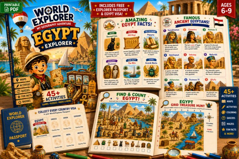 Egypt Explorer Workbook for Kids featuring printable geography activities, Ancient Egypt facts, puzzles, maps, and games for ages 6–9.