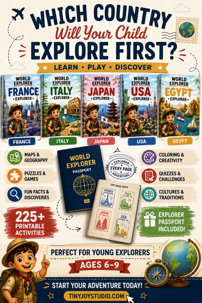 World Explorer geography activity books for kids with France, Italy, Japan, USA, and Egypt printable workbooks plus Explorer Passport for ages 6–9