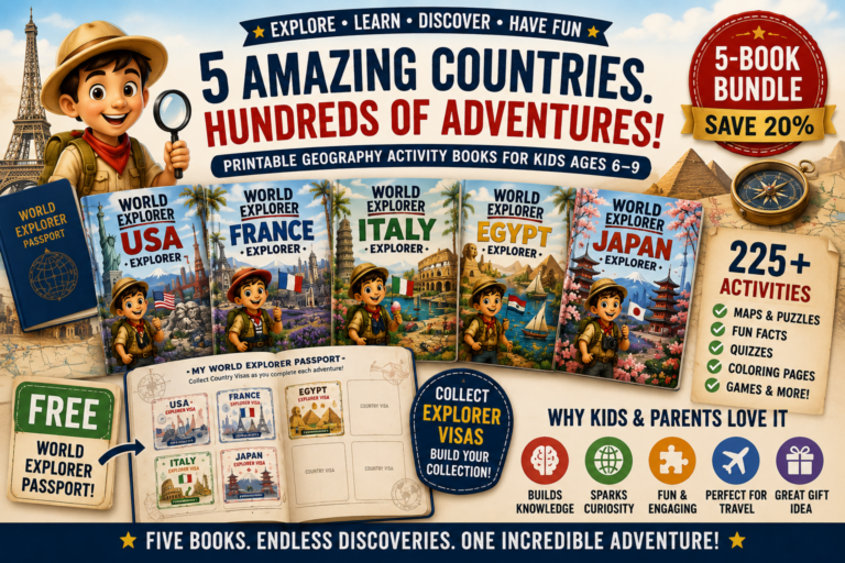 World Explorer printable geography activity book bundle for kids featuring France, Italy, Japan, USA, Egypt, and a collectible Explorer Passport