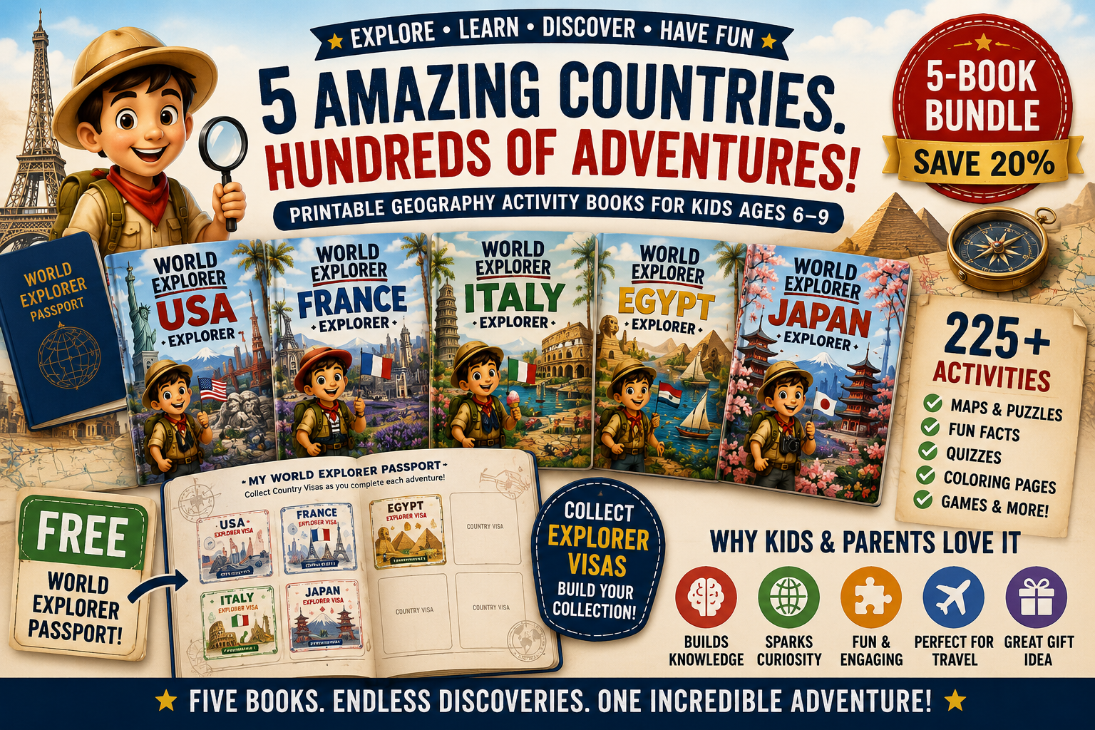 World Explorer printable geography activity book bundle for kids featuring France, Italy, Japan, USA, Egypt, and a collectible Explorer Passport