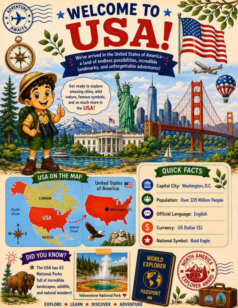 Welcome to the USA printable geography activity page for kids featuring maps, facts, landmarks, and fun learning adventures.