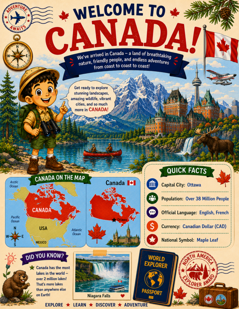 Welcome to Canada printable geography activity page for kids featuring maps, facts, wildlife, and fun educational activities.