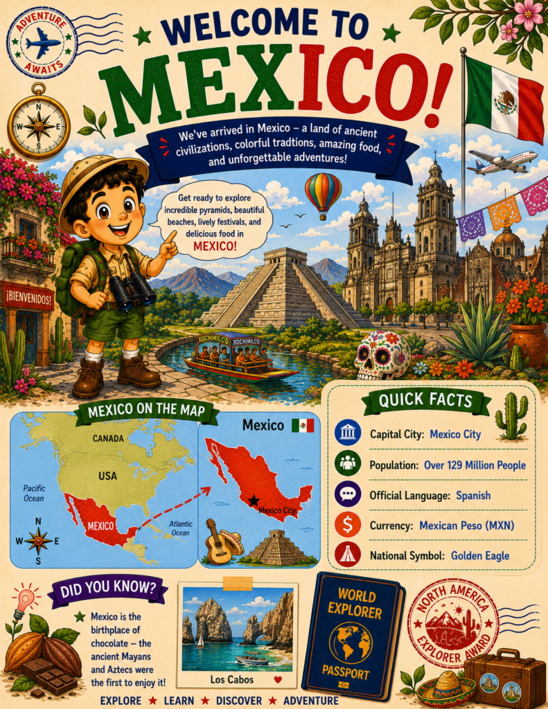 Welcome to Mexico printable geography activity page for kids featuring maps, culture, landmarks, and exciting learning adventures.