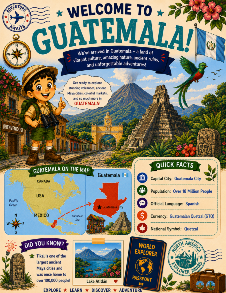 Welcome to Guatemala printable geography activity page for kids featuring maps, culture, landmarks, and fun educational activities.
