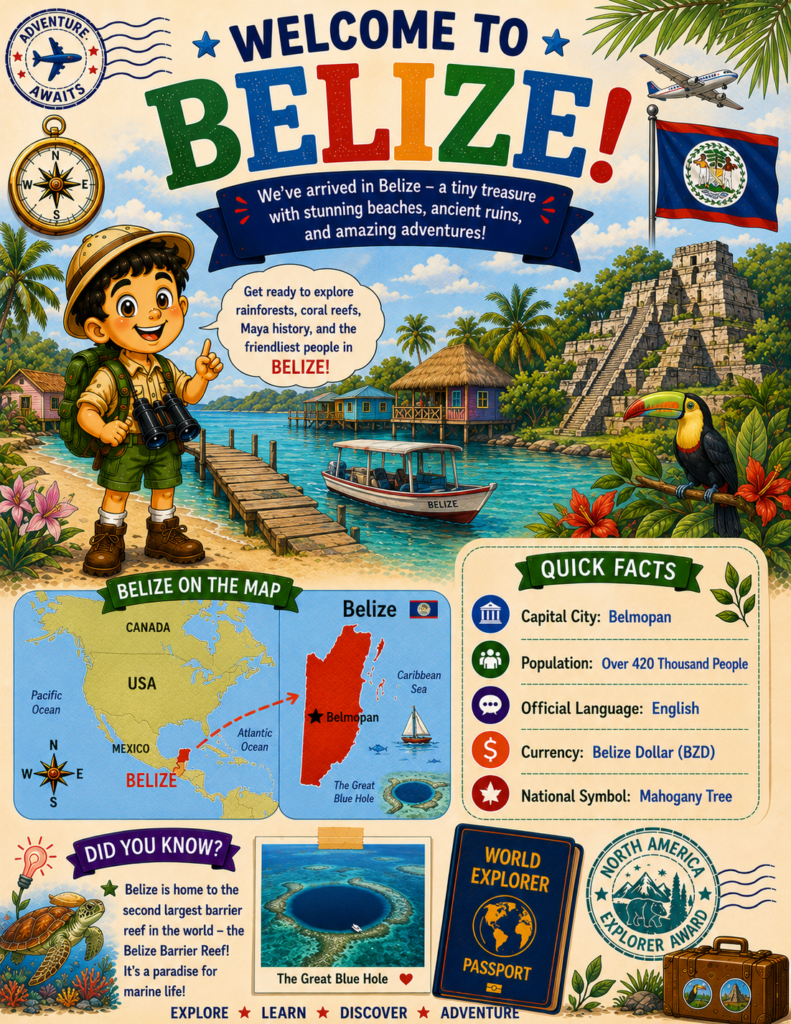 Welcome to Belize printable geography activity page for kids featuring maps, nature, landmarks, and educational adventures.