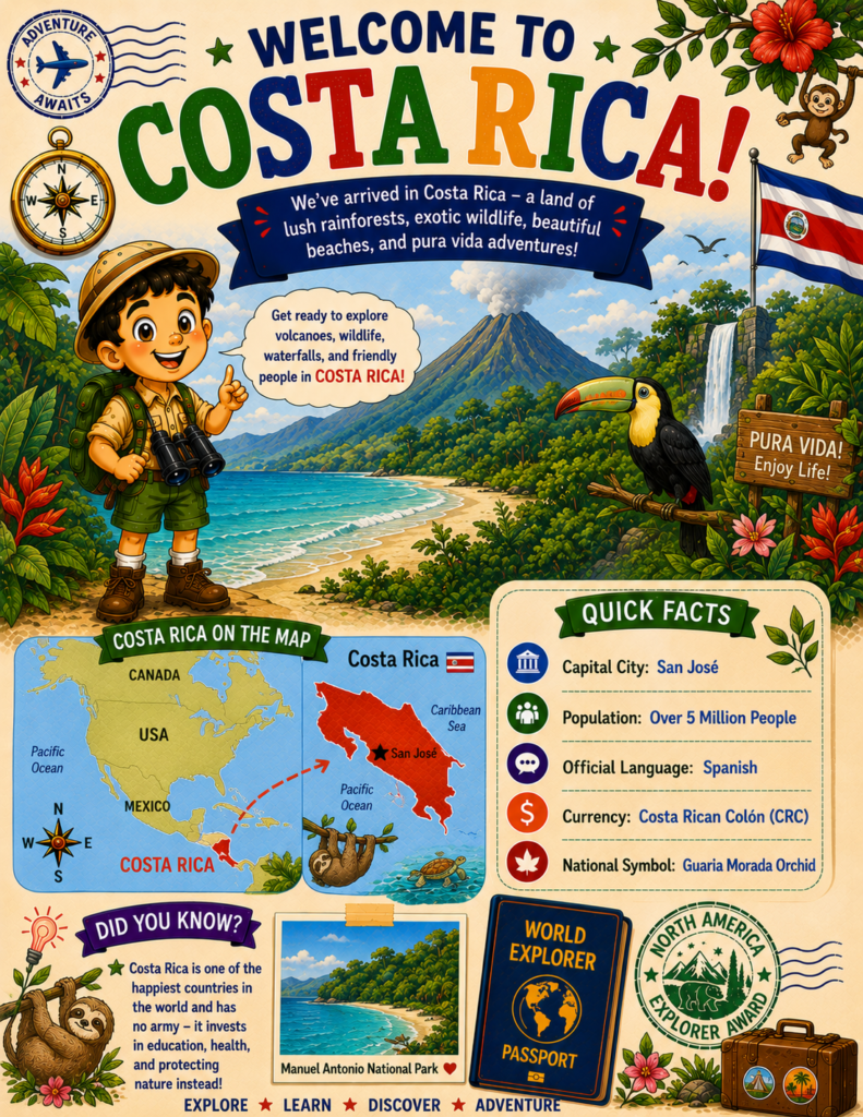 Welcome to Costa Rica printable geography activity page for kids featuring maps, rainforests, wildlife, and fun learning activities.