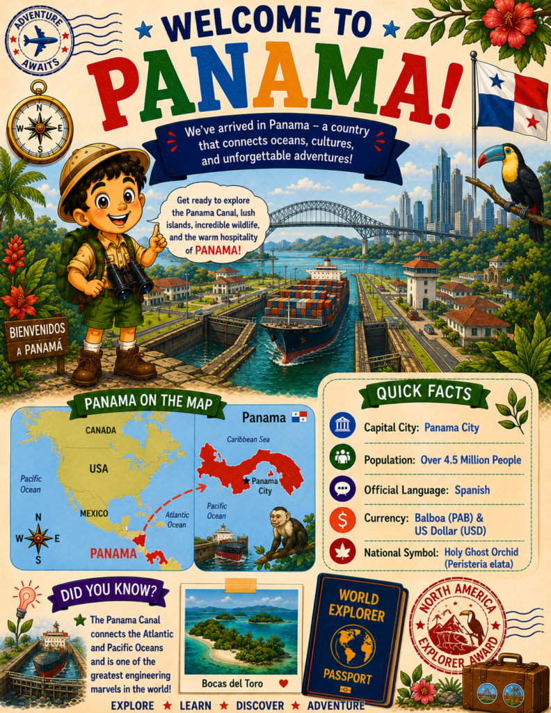 Welcome to Panama printable geography activity page for kids featuring maps, the Panama Canal, wildlife, and educational adventures.