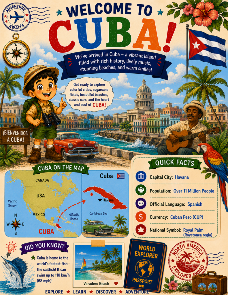 Welcome to Cuba printable geography activity page for kids featuring maps, culture, history, and fun educational activities.