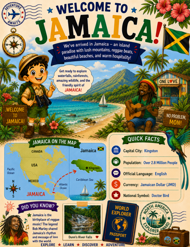 Welcome to Jamaica printable geography activity page for kids featuring maps, beaches, culture, and exciting learning adventures.