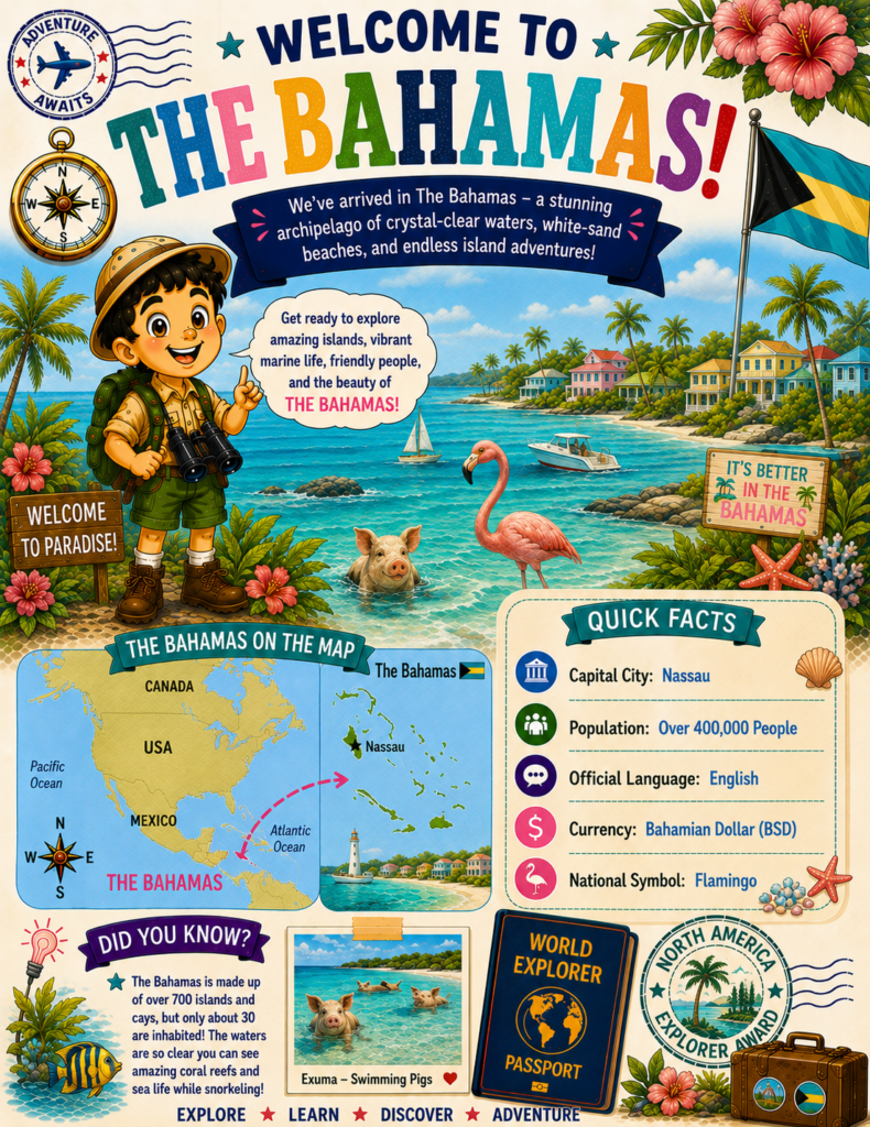 Welcome to The Bahamas printable geography activity page for kids featuring maps, islands, wildlife, and educational adventures.