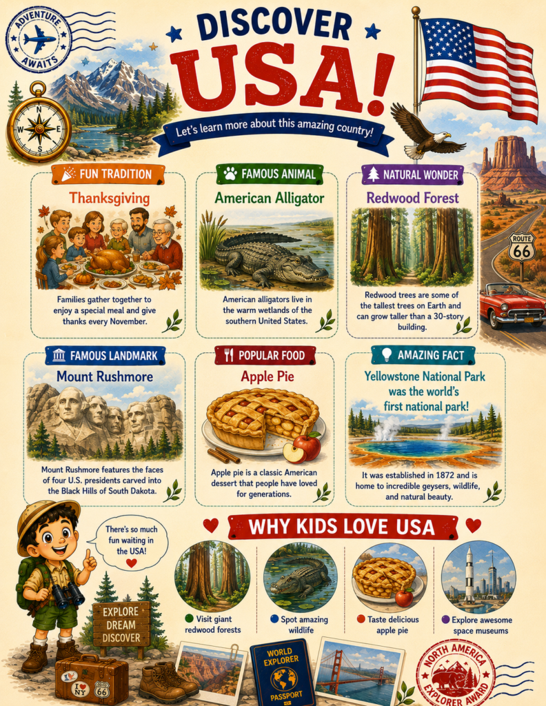 Discover the USA printable geography activity page with American landmarks, wildlife, traditions, food, and fascinating facts for kids.