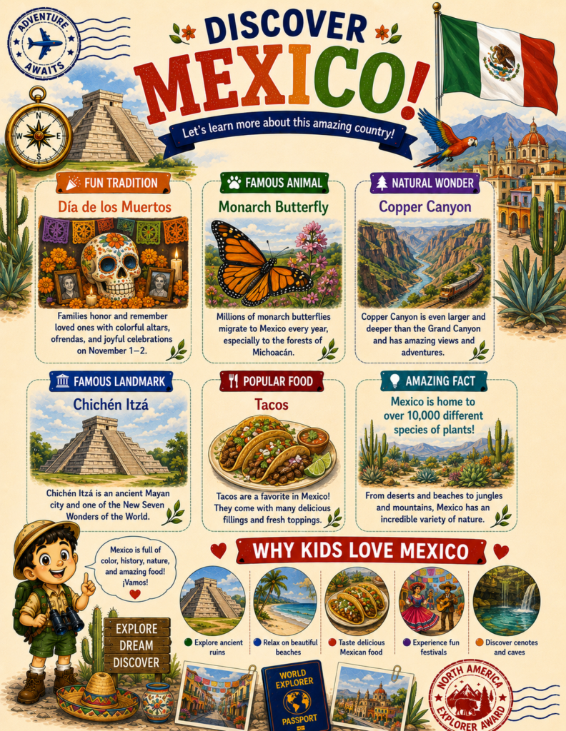 Discover Mexico printable geography activity page with traditions, wildlife, famous places, food, and educational facts for children.