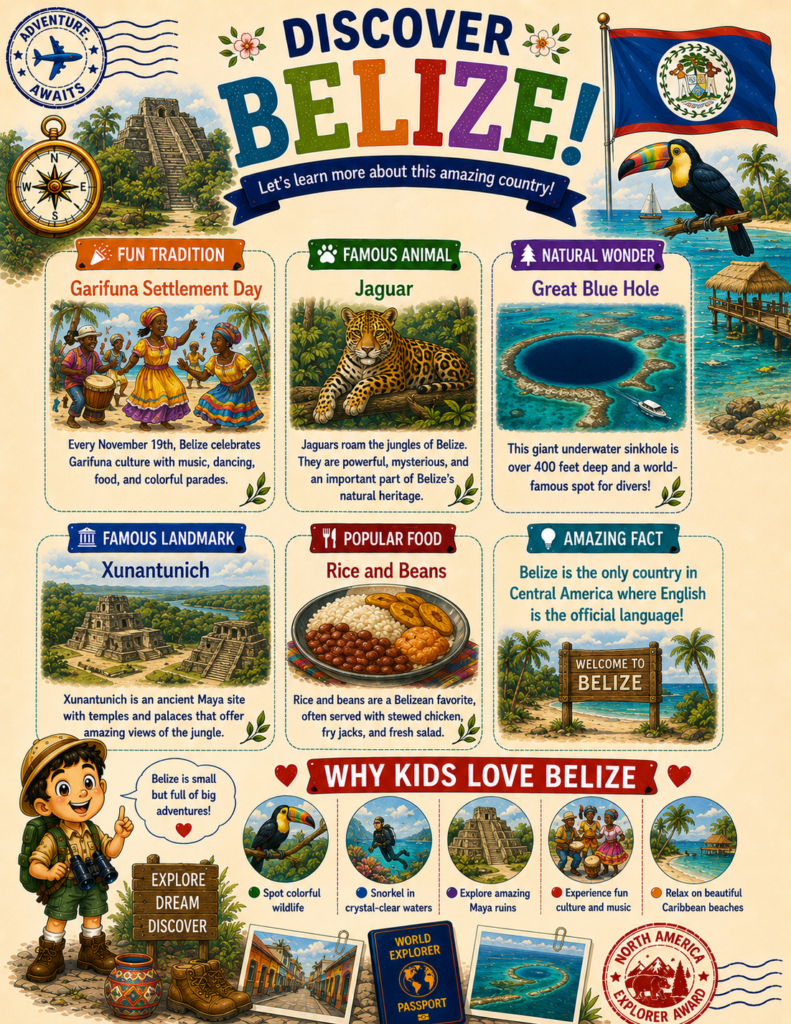 Discover Belize printable geography activity page with marine life, famous landmarks, culture, food, and interesting facts for children.