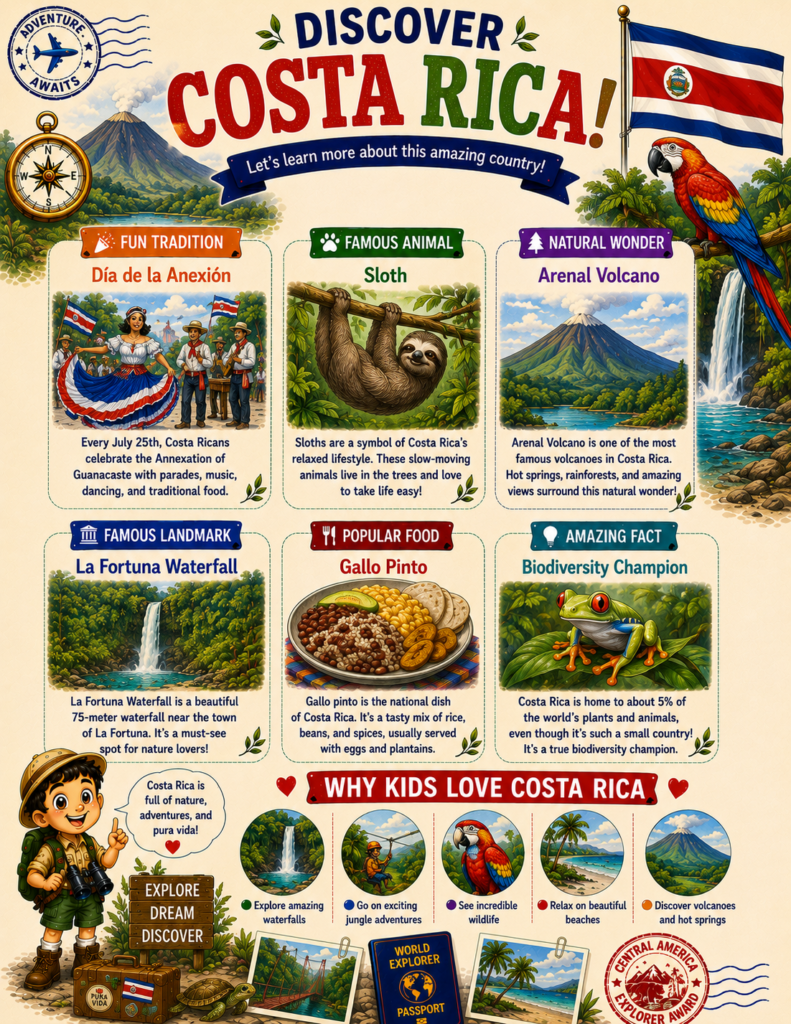 Discover Costa Rica printable geography activity page with volcanoes, animals, traditions, food, and amazing nature facts for kids.