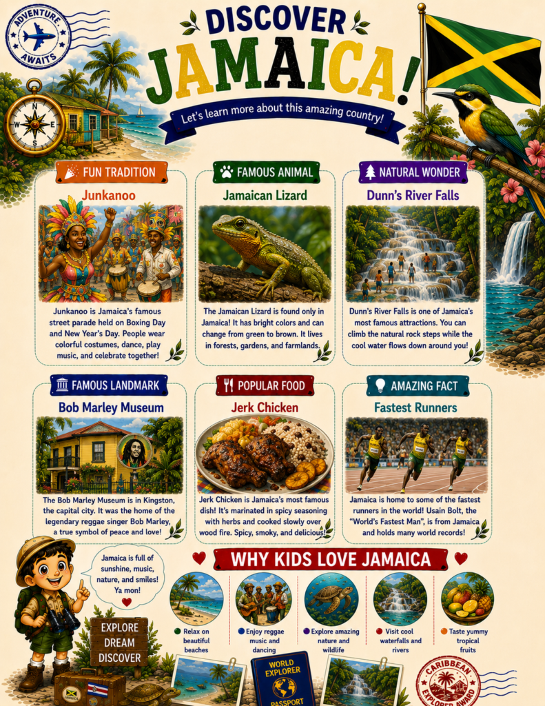 Discover Jamaica printable geography activity page with tropical wildlife, traditions, food, landmarks, and fun educational facts.