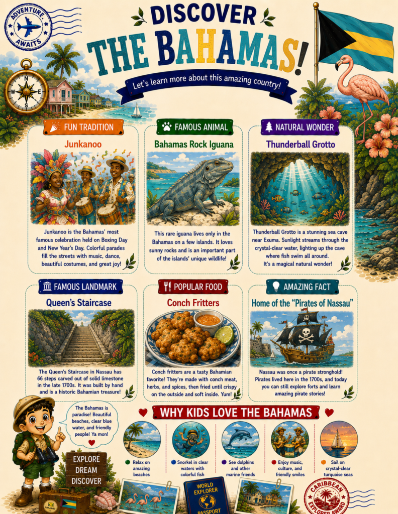 Discover The Bahamas printable geography activity page with beaches, marine life, landmarks, traditions, food, and amazing facts for kids.