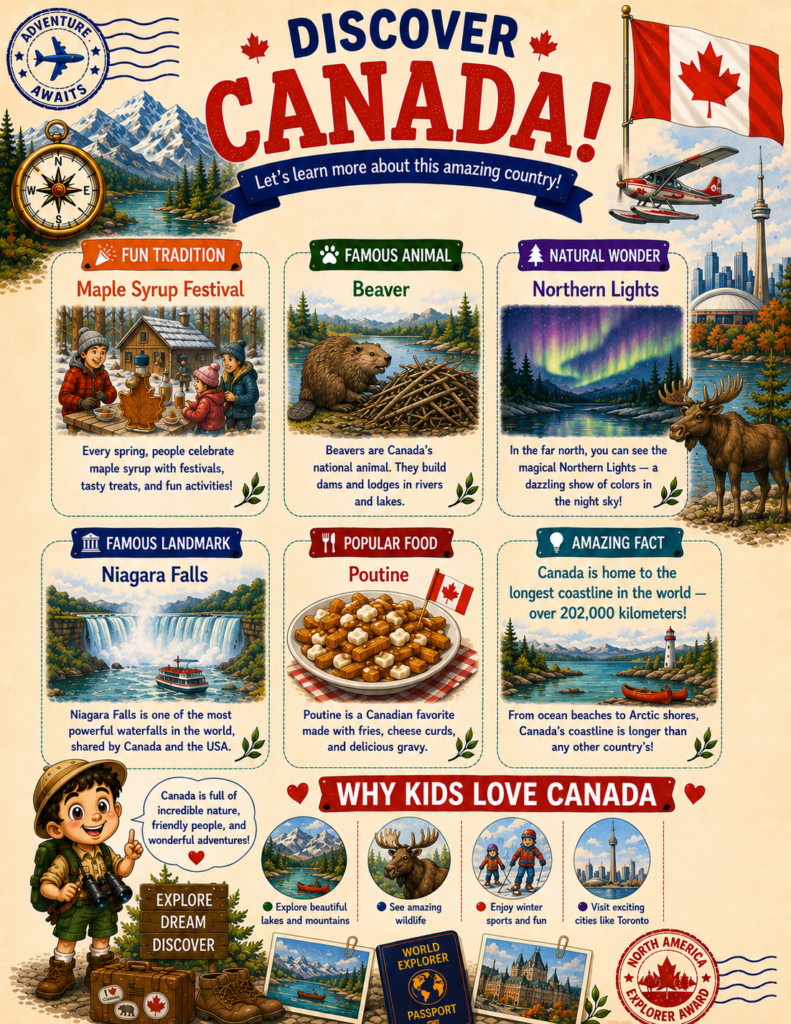 Discover Canada printable geography activity page with famous landmarks, animals, traditions, food, and interesting facts for kids.