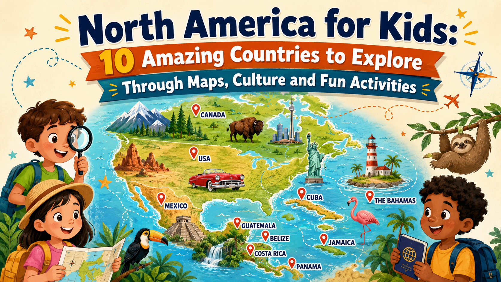 North America for Kids printable geography activity book featuring 10 amazing countries, maps, landmarks, wildlife, culture, and fun educational activities for children.