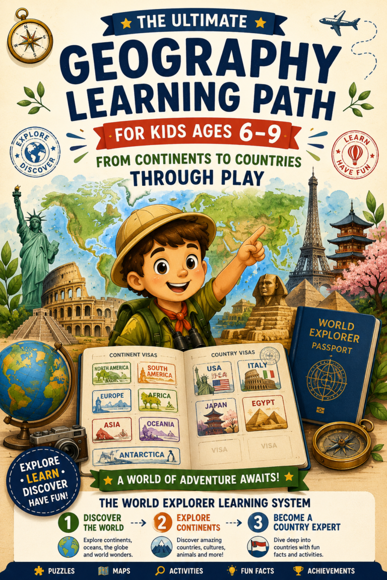 World Explorer geography learning path for kids ages 6–9 with printable activity books and passport system