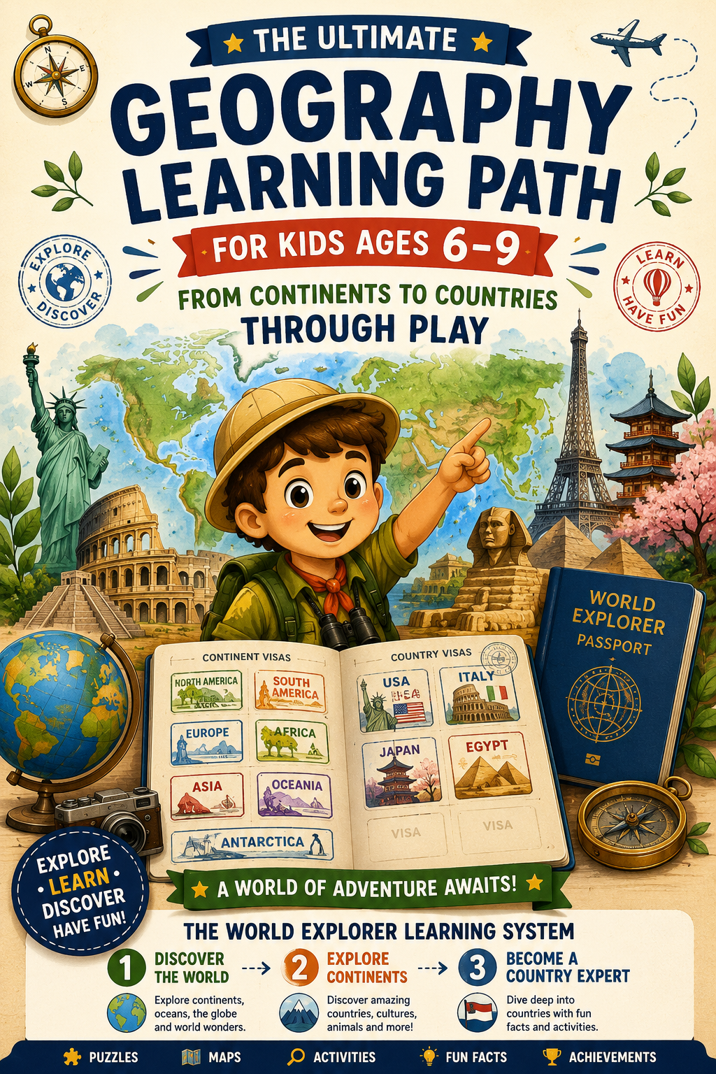 World Explorer geography learning path for kids ages 6–9 with printable activity books and passport system
