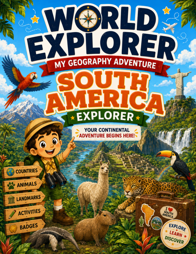 World Explorer South America Explorer printable geography activity book cover for kids