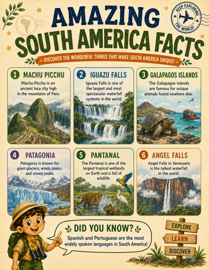 South America facts for kids including Machu Picchu, Iguazu Falls, Galapagos Islands and Angel Falls