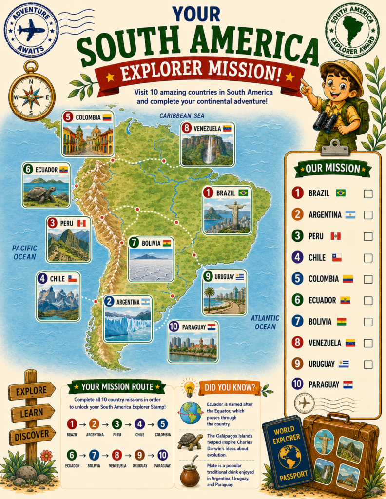South America map for kids featuring 10 countries in the World Explorer printable geography activity book