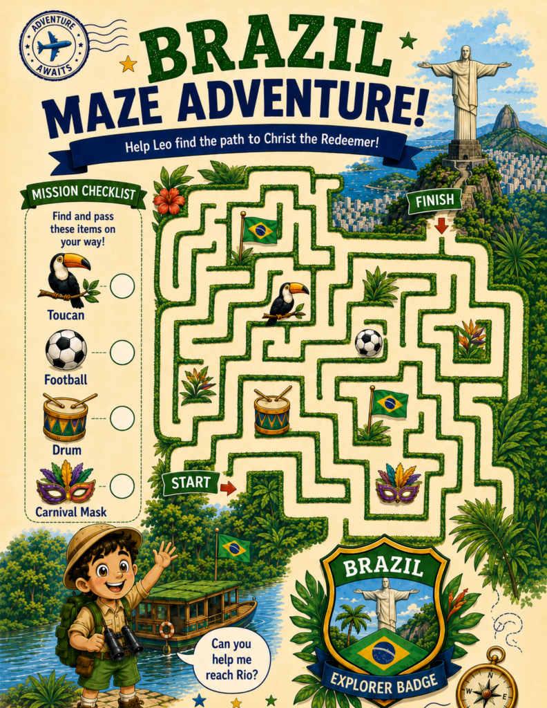 Brazil maze printable geography puzzle for kids featuring Christ the Redeemer