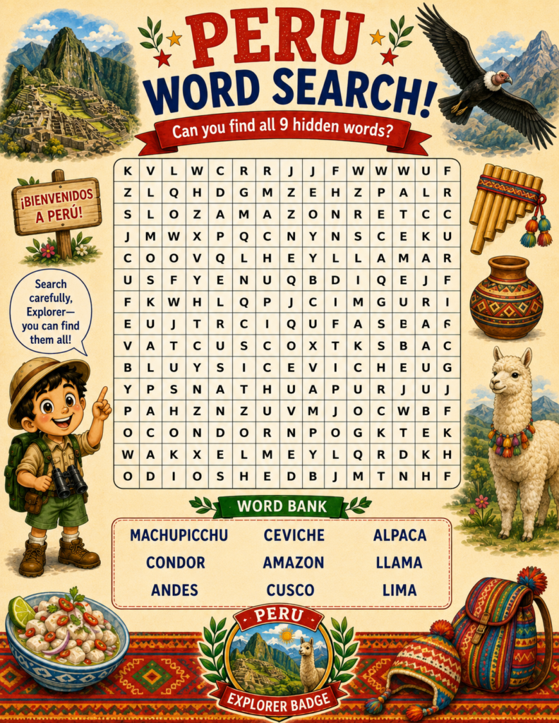 andes mountains and peru geography word search printable for kids