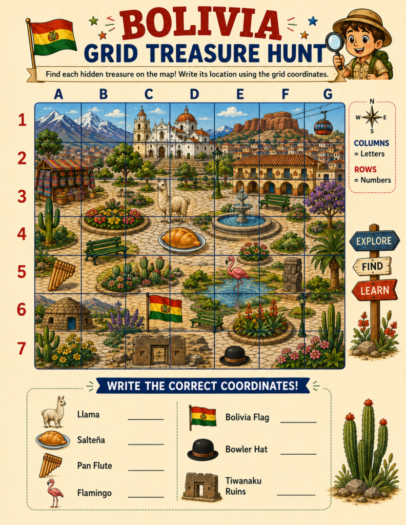 Bolivia grid treasure hunt printable map skills activity for elementary students