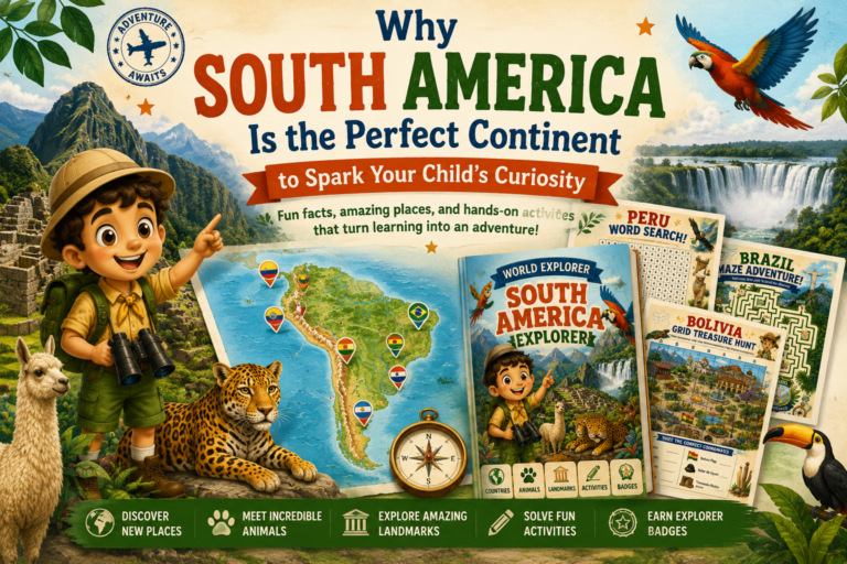 Colorful South America geography activity book for kids featuring maps, animals, landmarks, and printable learning activities