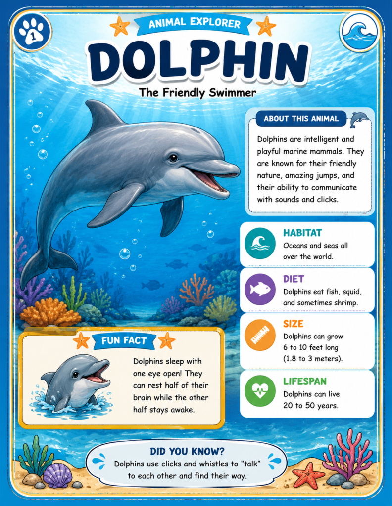 Dolphin fact page, dolphin coloring page and dolphin maze activity for kids