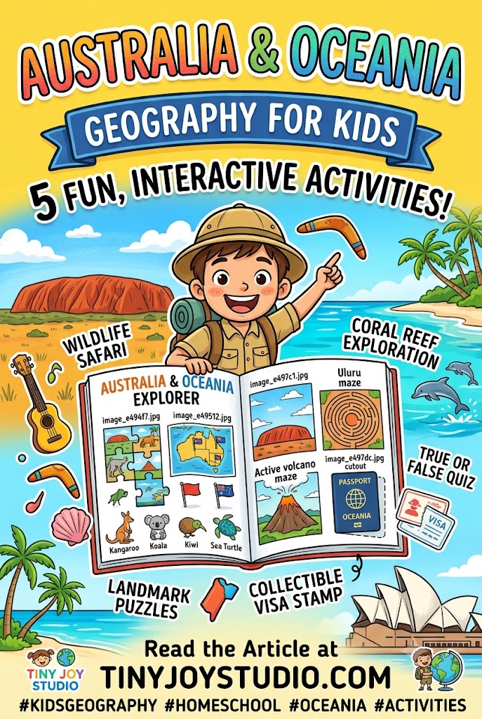 Australia and Oceania geography for kids activity book guide featuring hands-on activities, wildlife safari, natural wonders, and a collectible visa stamp